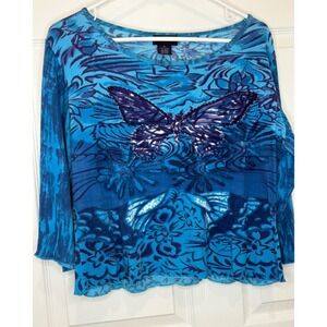 Blue Plate, Women 100% Cotton Scoop Butterfly  Blue Sz XL Shirt Tunic beads